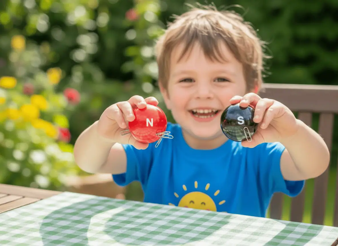 Niño sosteniendo imanes con polos norte y sur en un jardín