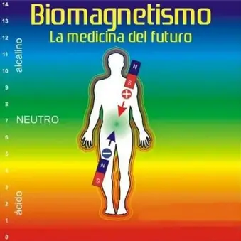 Infografía de biomagnetismo médico mostrando la escala de pH (ácido, neutro y alcalino) y el equilibrio bioenergético con imanes.